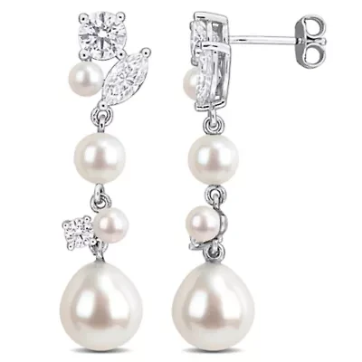 Lab Created 3.5-9mm Freshwater Cultured Pearl & White Moissanite Earrings in Sterling Silver