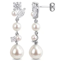 Lab Created 3.5-9mm Freshwater Cultured Pearl & White Moissanite Earrings in Sterling Silver