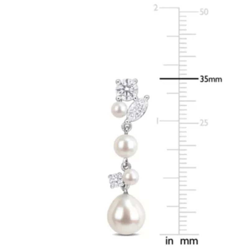 Lab Created 3.5-9mm Freshwater Cultured Pearl & White Moissanite Earrings in Sterling Silver