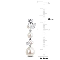 Lab Created 3.5-9mm Freshwater Cultured Pearl & White Moissanite Earrings in Sterling Silver