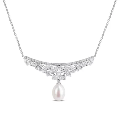 Lab Created 8-8.5mm Freshwater Cultured Pearl & White Moissanite Necklace in Sterling Silver - 17 in