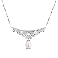 Lab Created 8-8.5mm Freshwater Cultured Pearl & White Moissanite Necklace in Sterling Silver - 17 in