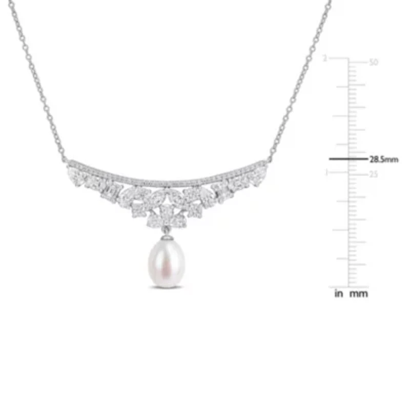 Lab Created 8-8.5mm Freshwater Cultured Pearl & White Moissanite Necklace in Sterling Silver - 17 in