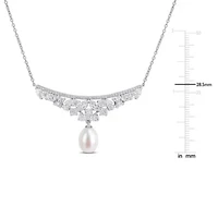 Lab Created 8-8.5mm Freshwater Cultured Pearl & White Moissanite Necklace in Sterling Silver - 17 in