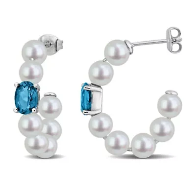 5-5.5mm Freshwater Cultured Pearl & London Blue Topaz Earrings in Sterling Silver