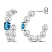 5-5.5mm Freshwater Cultured Pearl & London Blue Topaz Earrings in Sterling Silver