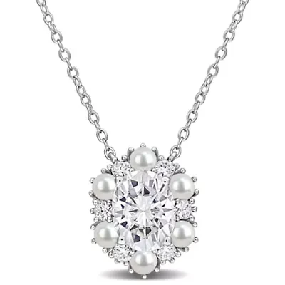 Lab Created 3-3.5mm Freshwater Cultured Pearl & White Moissanite Necklace in Sterling Silver - 17 in