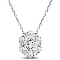 Lab Created 3-3.5mm Freshwater Cultured Pearl & White Moissanite Necklace in Sterling Silver - 17 in