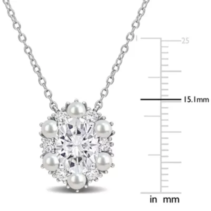 Lab Created 3-3.5mm Freshwater Cultured Pearl & White Moissanite Necklace in Sterling Silver - 17 in