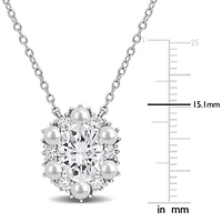 Lab Created 3-3.5mm Freshwater Cultured Pearl & White Moissanite Necklace in Sterling Silver - 17 in