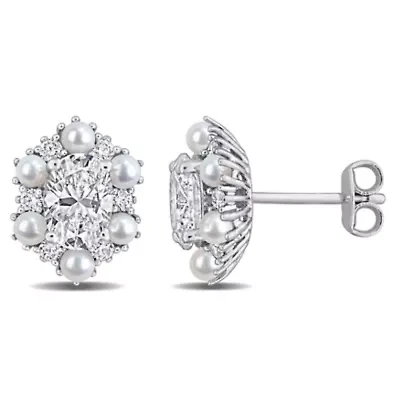 Lab Created 2-2.5mm Freshwater Cultured Pearl & White Moissanite Earrings in Sterling Silver
