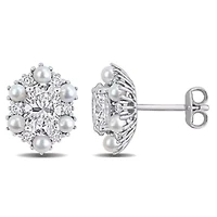 Lab Created 2-2.5mm Freshwater Cultured Pearl & White Moissanite Earrings in Sterling Silver