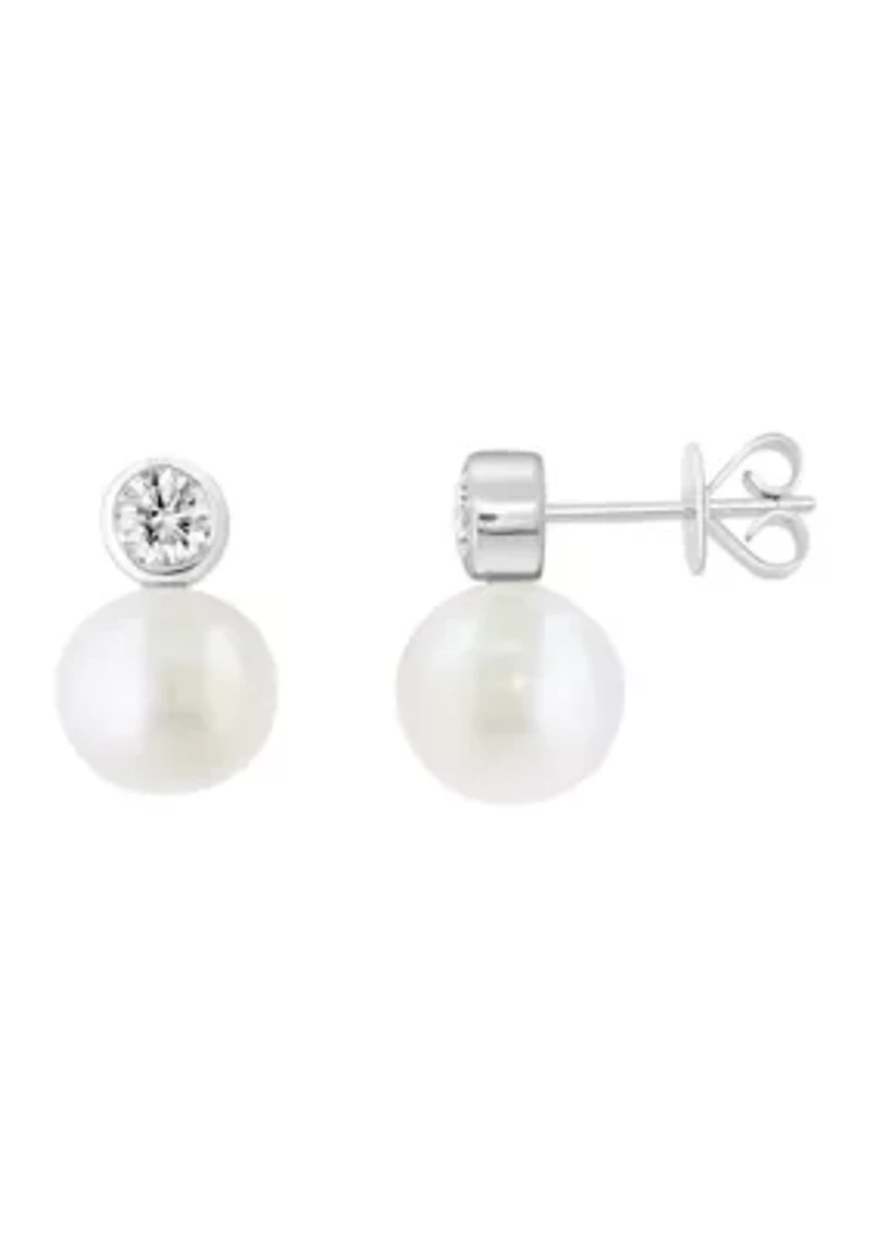 Diamond and Freshwater Pearl Earrings in Sterling Silver