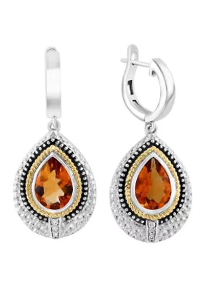 925 Sterling Silver/14K Yellow Gold Diamont, Citrine Hoop Earrings 