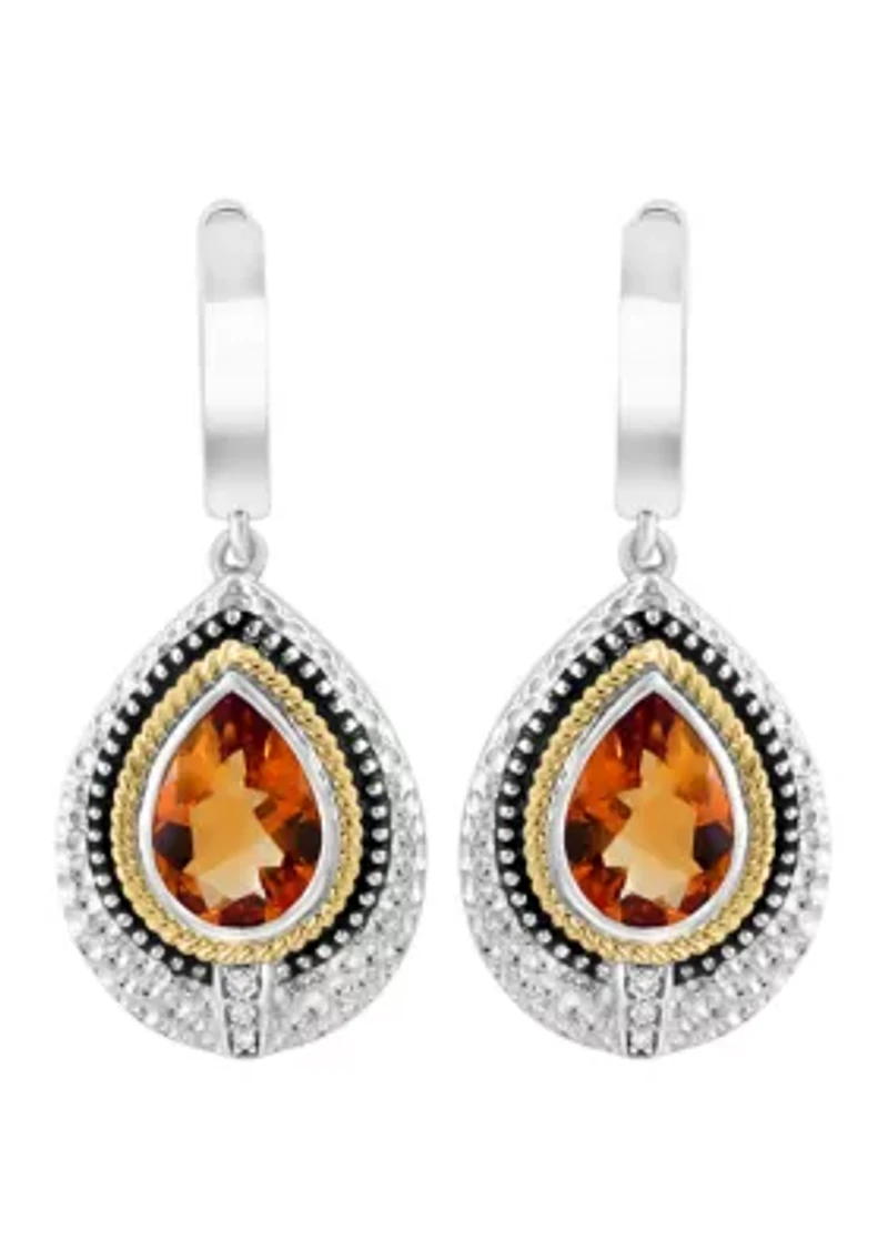 925 Sterling Silver/14K Yellow Gold Diamont, Citrine Hoop Earrings 