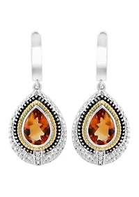 925 Sterling Silver/14K Yellow Gold Diamont, Citrine Hoop Earrings 