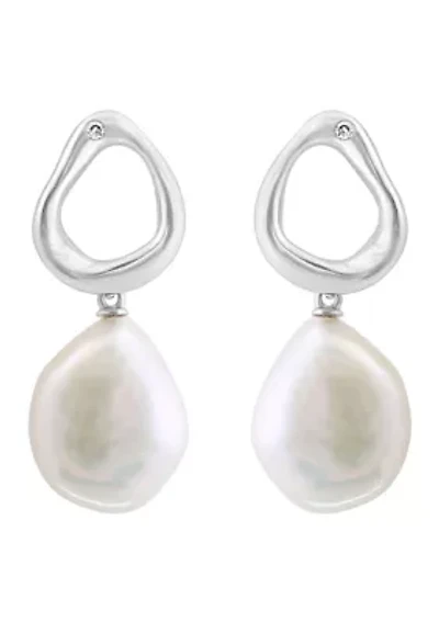 Sterling Silver  Diamond Fresh Water Pearl Earrings