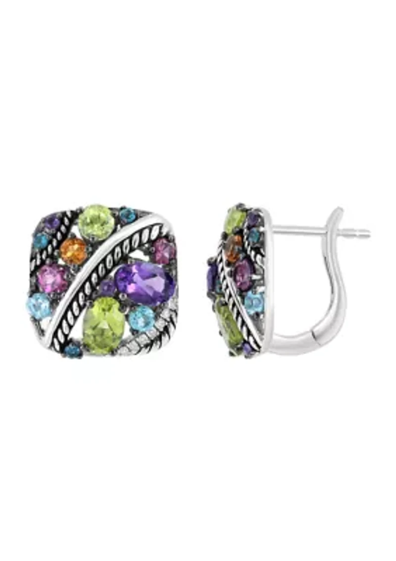 Diamond, Amethyst, Blue Topaz, Citrine, Rhodolite, Peridot Earrings in Sterling Silver