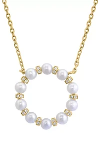 14K Gold Plated Over Sterling Silver Diamond Fresh Water Pearl Necklace