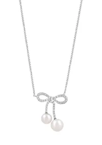 Diamond and Freshwater Pearl Bow Necklace in Sterling Silver
