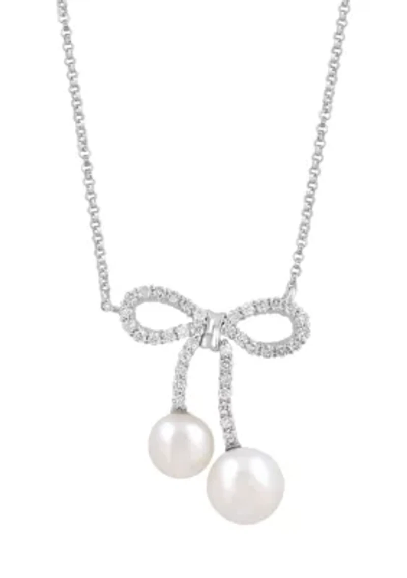 Diamond and Freshwater Pearl Bow Necklace in Sterling Silver