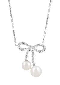 Diamond and Freshwater Pearl Bow Necklace in Sterling Silver