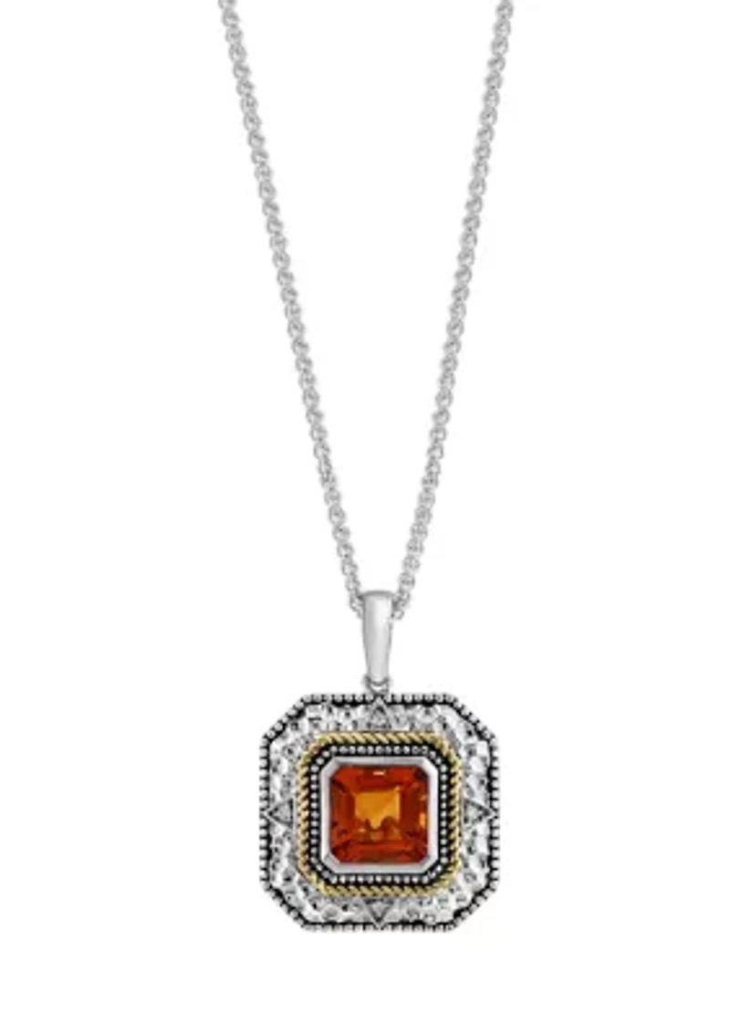 Diamond and Citrine Pendant Necklace in Sterling Silver and 14K Yellow Gold