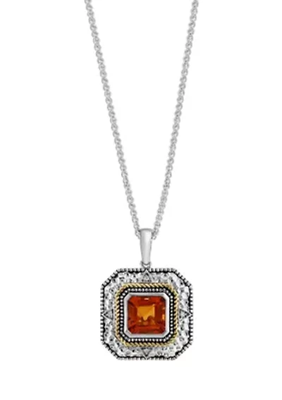 Diamond and Citrine Pendant Necklace in Sterling Silver and 14K Yellow Gold