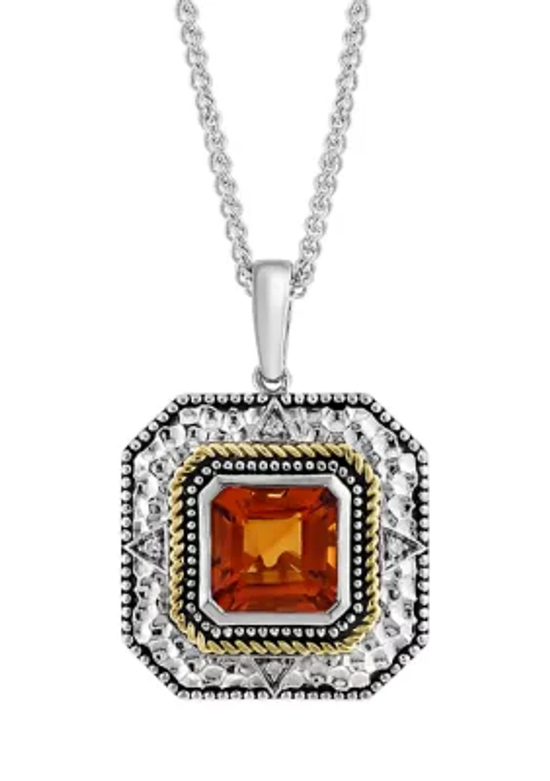 Diamond and Citrine Pendant Necklace in Sterling Silver and 14K Yellow Gold