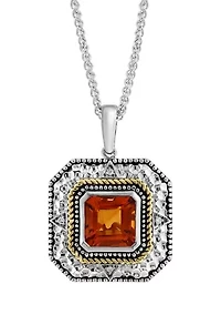 Diamond and Citrine Pendant Necklace in Sterling Silver and 14K Yellow Gold