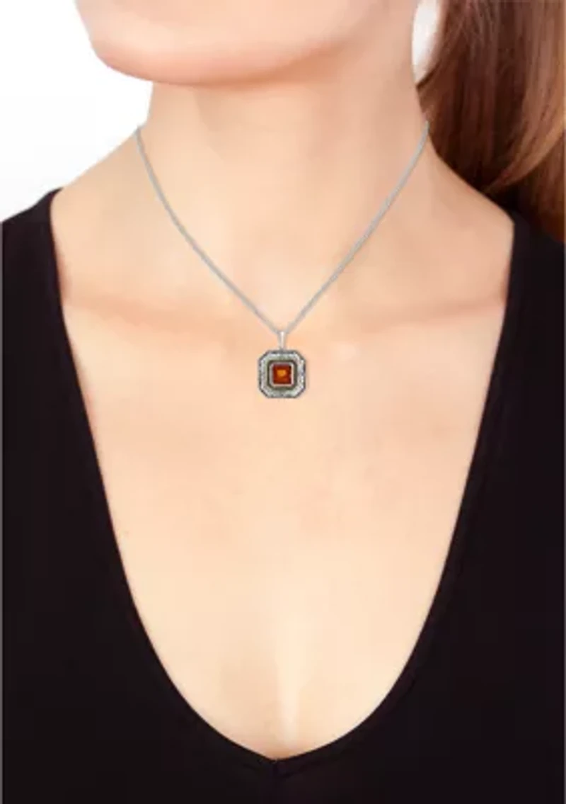 Diamond and Citrine Pendant Necklace in Sterling Silver and 14K Yellow Gold