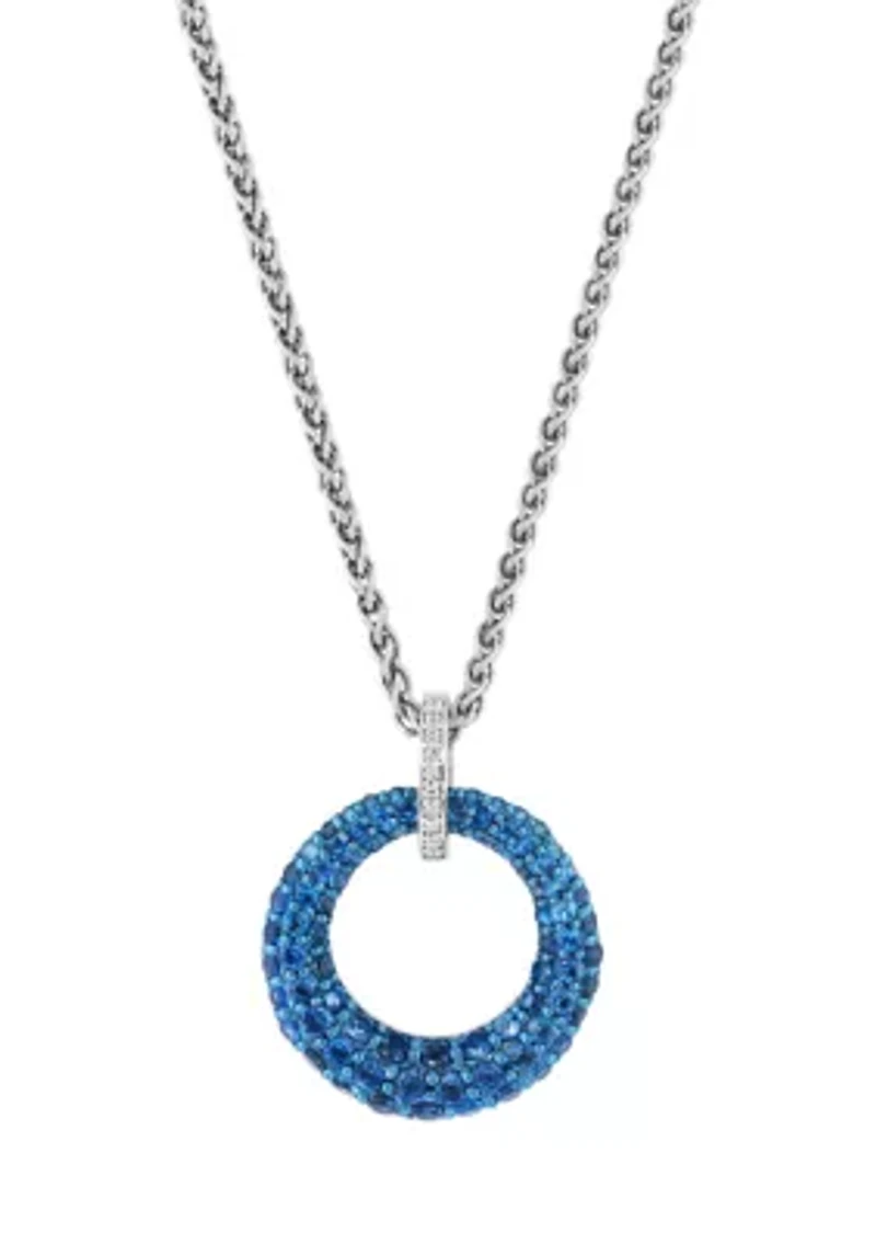 Diamond and London Blue Topaz Circle Pendant Necklace in Sterling Silver