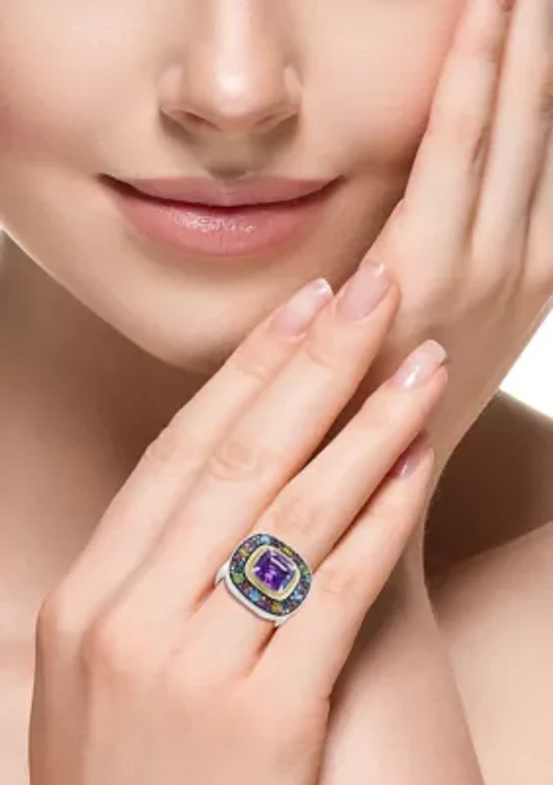 Diamond and Multi Gemstone Ring in Sterling Silver and 14K Yellow Gold