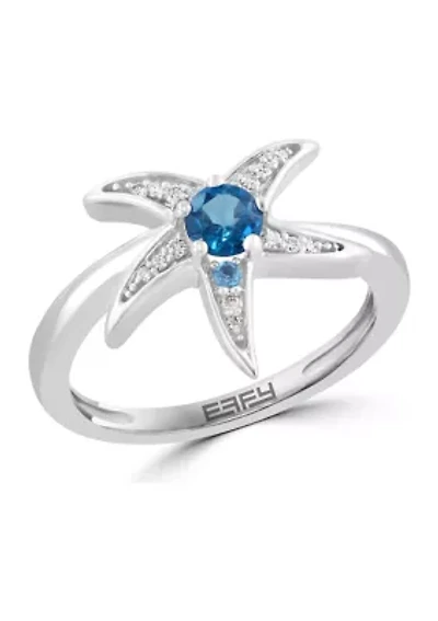 Diamond and Blue Topaz Starfish Ring in Sterling Silver
