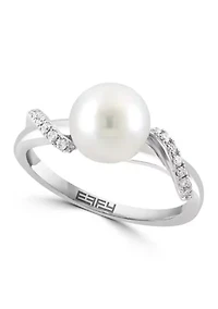 Freshwater Pearl and Diamond Ring in Sterling Silver