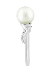 Freshwater Pearl and Diamond Ring in Sterling Silver
