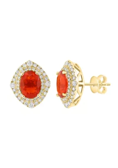 14K Yellow Gold Diamond and Mexican Fire Opal Earrings