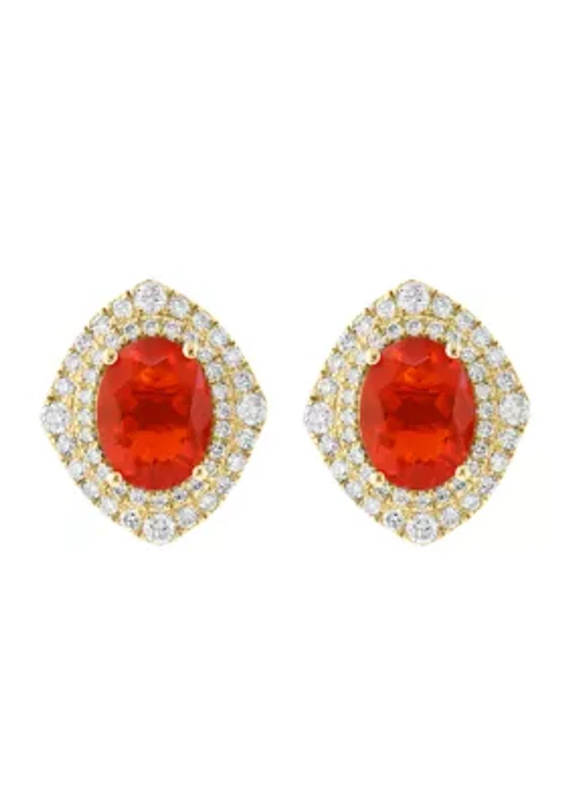 14K Yellow Gold Diamond and Mexican Fire Opal Earrings