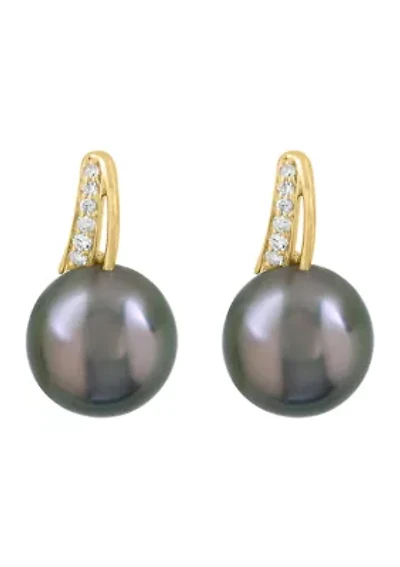 Diamond and Tahitian Pearl Earrings in 14K Yellow Gold