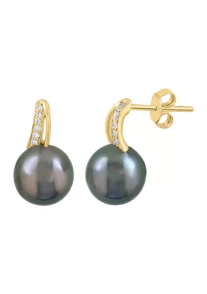 Diamond and Tahitian Pearl Earrings in 14K Yellow Gold