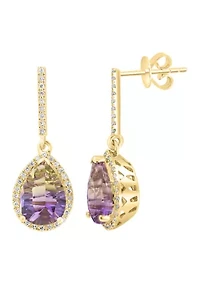 Diamond and Ametrine Earrings set in 14K Yellow Gold