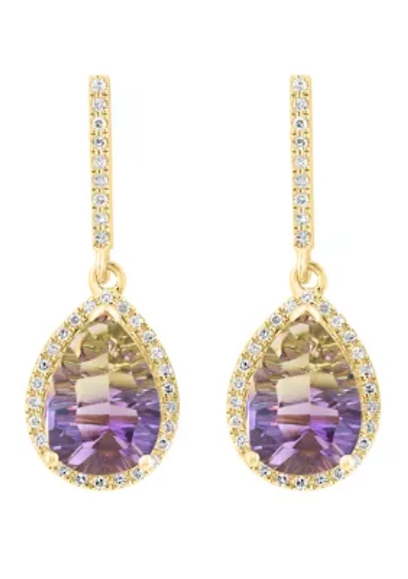 Diamond and Ametrine Earrings set in 14K Yellow Gold