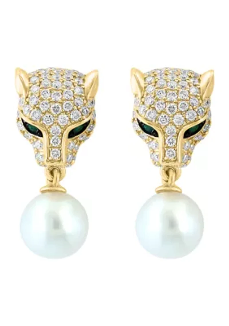 14K Yellow Gold Diamond Emerald Freshwater Pearl Earrings 