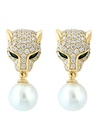 14K Yellow Gold Diamond Emerald Freshwater Pearl Earrings 
