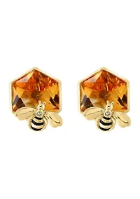 Diamond Citrine Bee Button Earrings In 14K Yellow Gold 