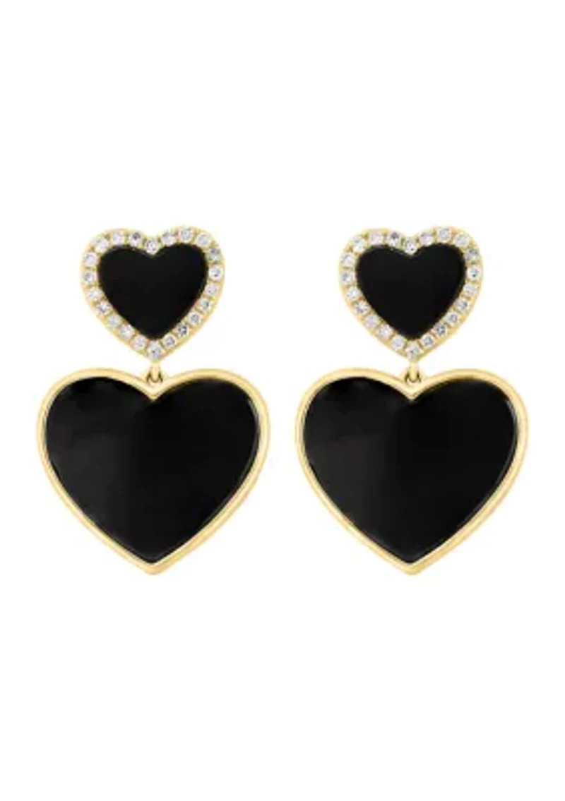 Diamond and Onyx Heart Earrings in 14K Yellow Gold