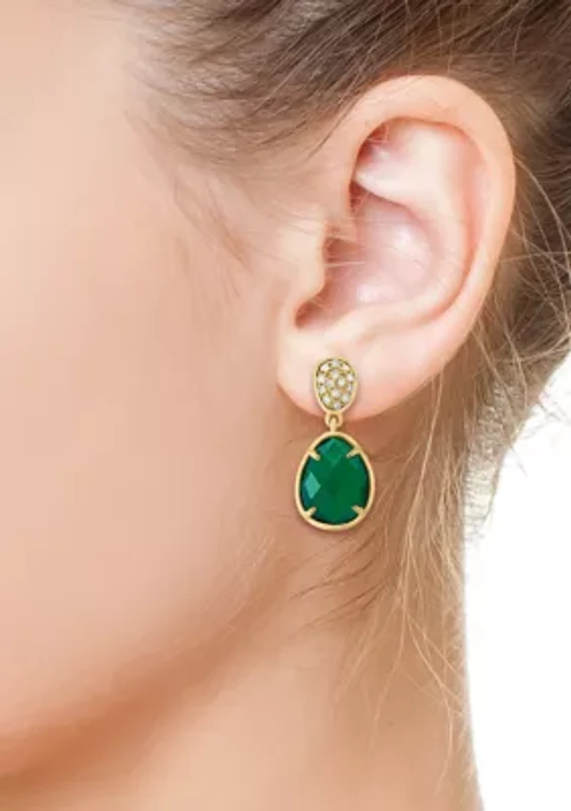 Diamond and Green Onyx Drop Earrings in 14K Yellow Gold