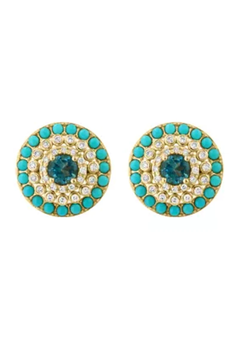 1/4 ct. t.w. London Blue Topaz, 3/4 ct. t.w. Turquoise, 1 ct. t.w. Diamond Earrings in 14K Yellow Gold