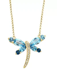 Diamond, Blue Topaz and London Blue Topaz Dragonfly Necklace in 14K Yellow Gold