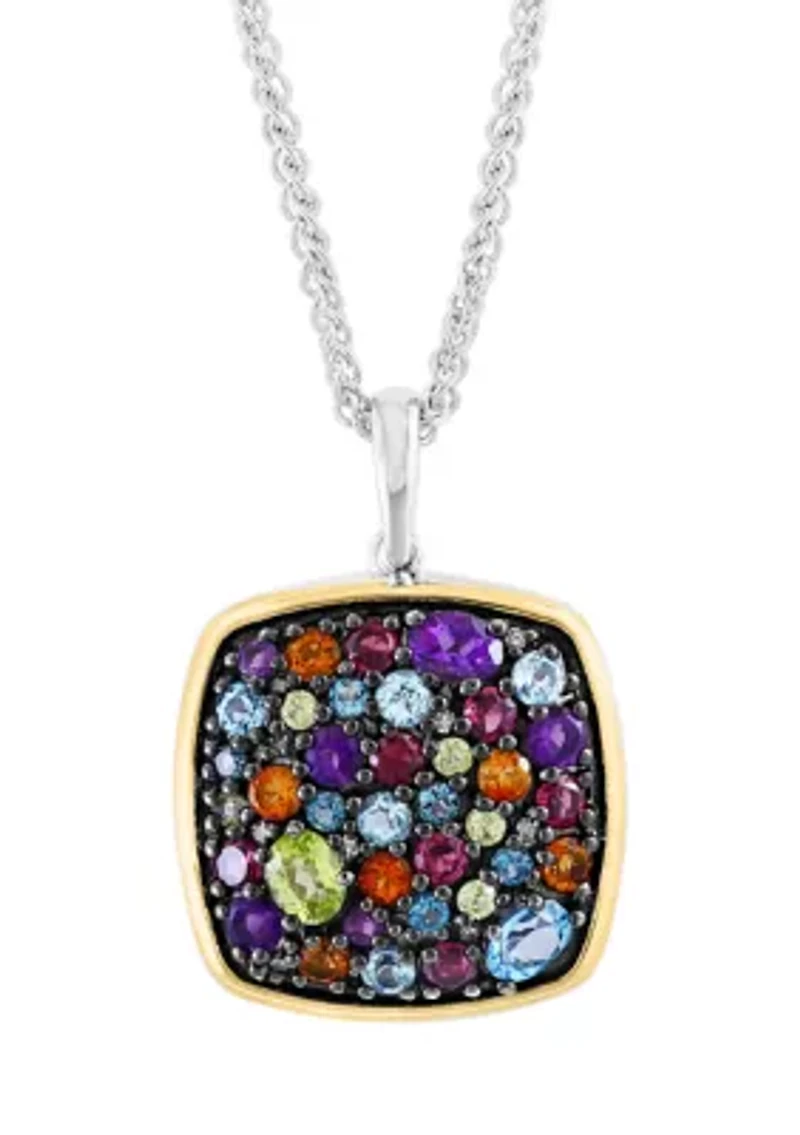 Diamond, Amethyst, Blue Topaz, London Blue Topaz, Citrine, Rhodolite, and Peridot Pendant Necklace in Sterling Silver and 14K Yellow Gold